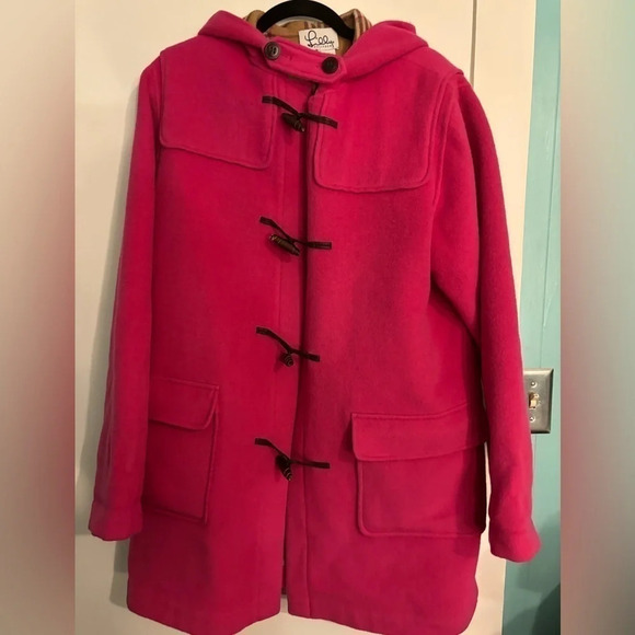 Vintage Lilly Pulitzer Womens L Wool pink/tan‎ plaid lining Toggle buttons hood - Picture 1 of 6